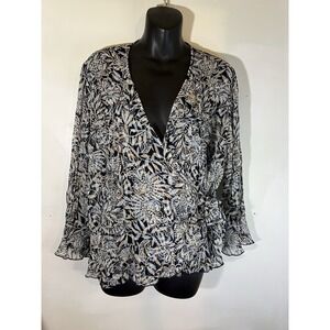 90s Y2K-size XL-studio 1940 Blue White Mesh Floral Blouse Office Home Casual Mom